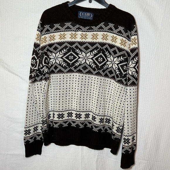 VINTAGE 80s CSM by Coliu St. Marx Dark Brown & Cream Knit Ski Sweater Men's - Picture 3 of 6